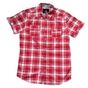 Men’s I Jeans by Buffalo Red and White Plaid Short Sleeve Button Top Size Medium